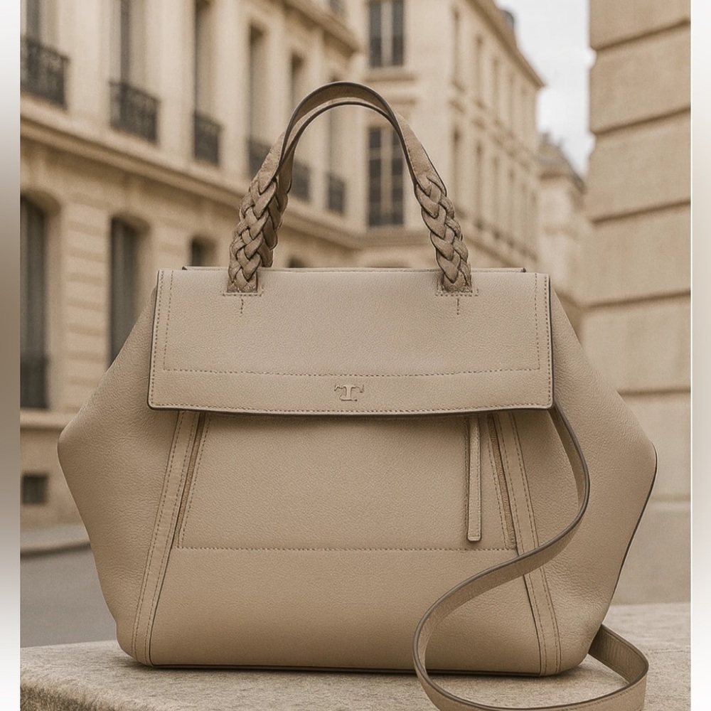 Tory Burch Green Pebbled Leather Tote with Braided Handles